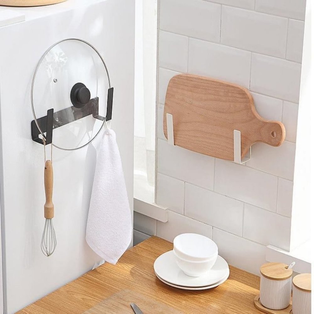 Wall-Mounted Pot Lid Rack-Self-Adhesive Carbon Steel Pot Cover Storage Rack